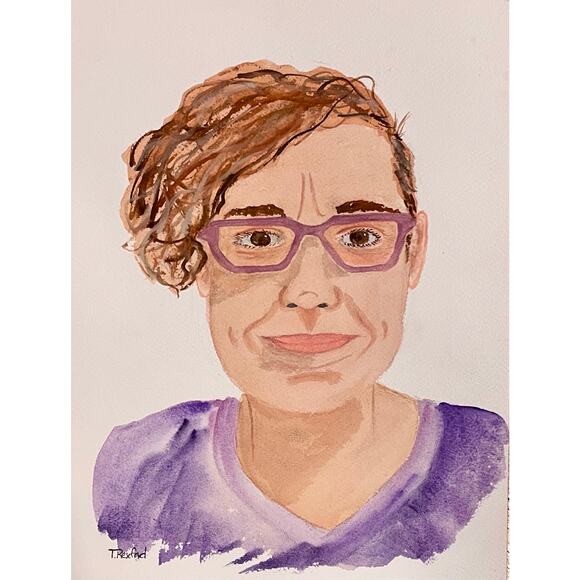 Hand painted watercolor original painting self portrait woman in tie dye - Picture 1 of 1